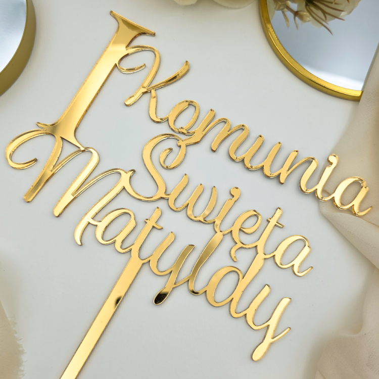 Topper Pierwsza Komunia Święta - złote/srebrne lustro z nóżką