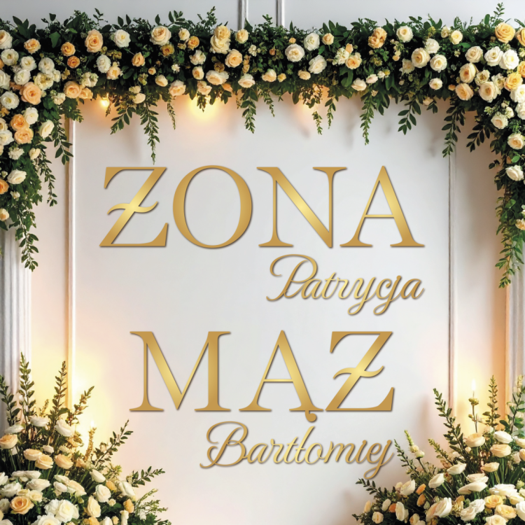 Dekoracja Ślubna na ściankę Żona Mąż z imionami - złote/srebrne lustro